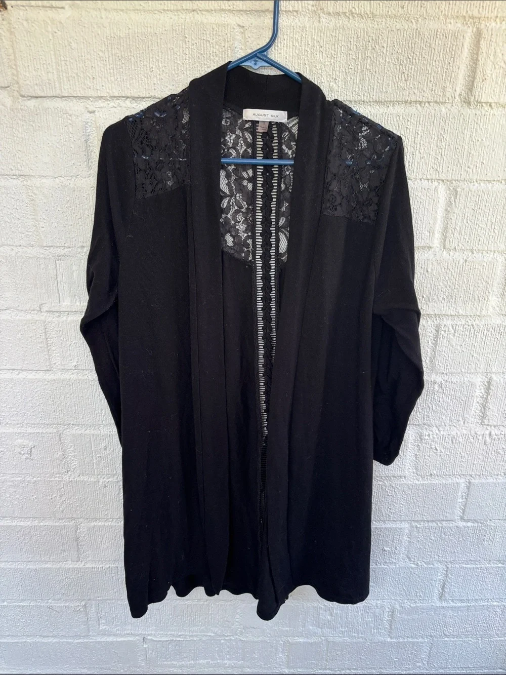 August Silk Lace Black Lace-Back Open Front Cardigan sz L